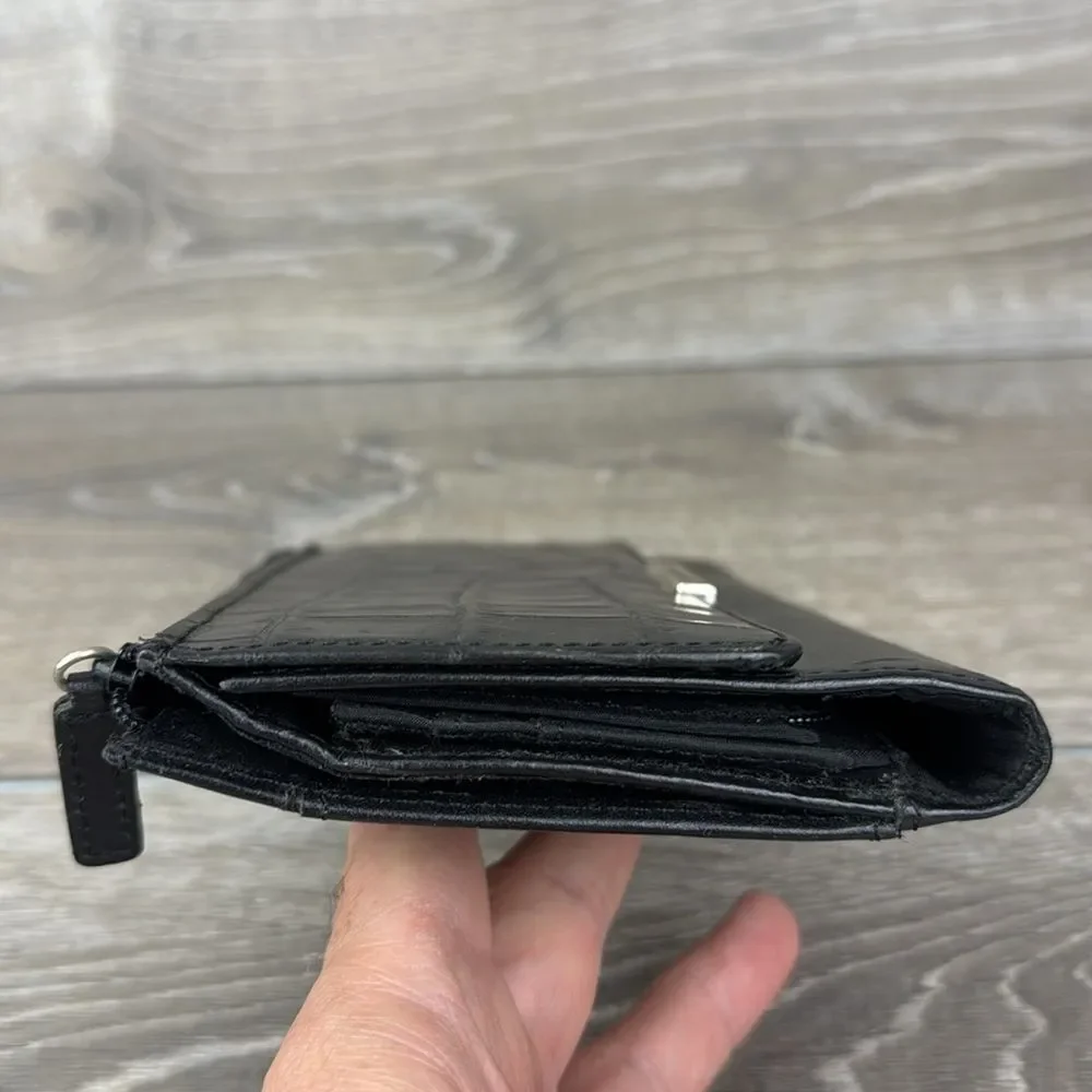 Fossil Black Avenue Croc-Embossed Leather Snap Open Tri-Fold Clutch Wallet